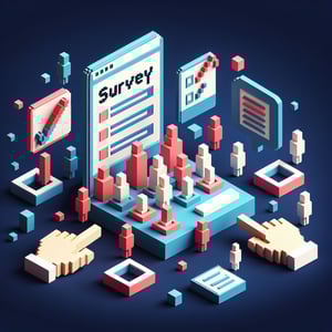 3D voxel art depicting online DEI surveys on a dark blue background.