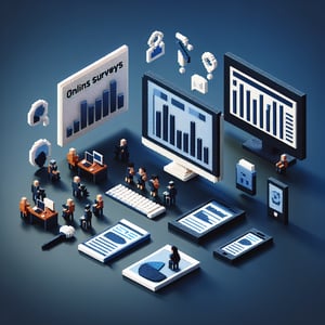 3D voxel art depicting online news survey concept on a dark blue background.