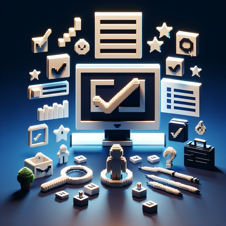 Artistic 3D voxel art illustrating online review gathering survey