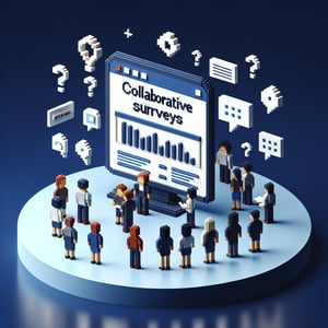 3D voxel art depicting online collaboration surveys with a dark blue background.