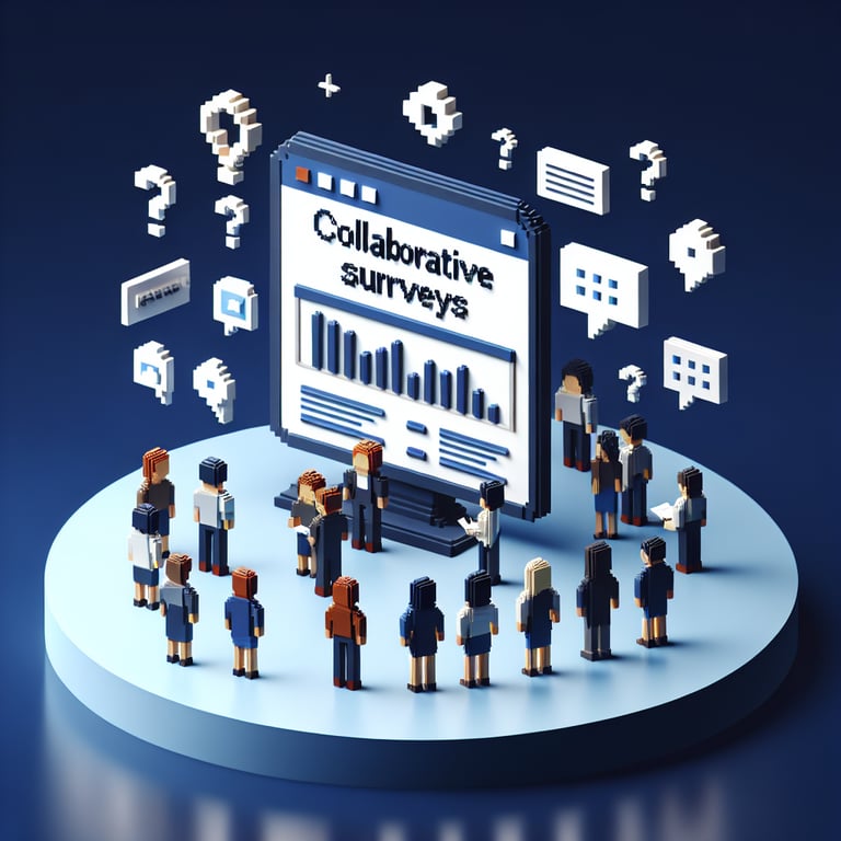 3D voxel art depicting online collaboration surveys with a dark blue background.