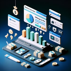 3D voxel art depicting online surveys, symbolizing willingness to pay survey questions.