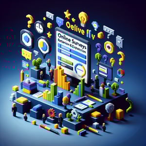 3D voxel art depicting online surveys, set against a dark blue background, symbolizing business expansion.