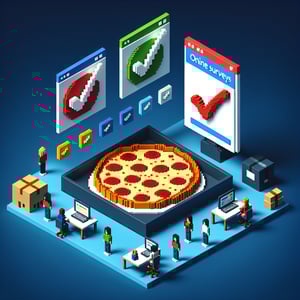 3D voxel art of a pizza with question marks, symbolizing online pizza survey questions.