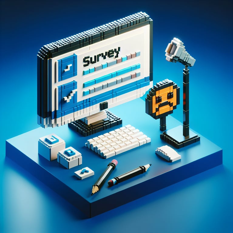 3D voxel art depicting online complaint survey process on a dark blue background.