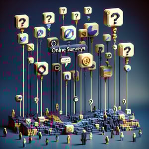 3D voxel art depicting online social media surveys on a dark blue background.