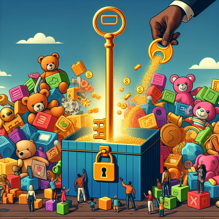 Illustration of a treasure chest unlocking toy feedback survey questions for market success.