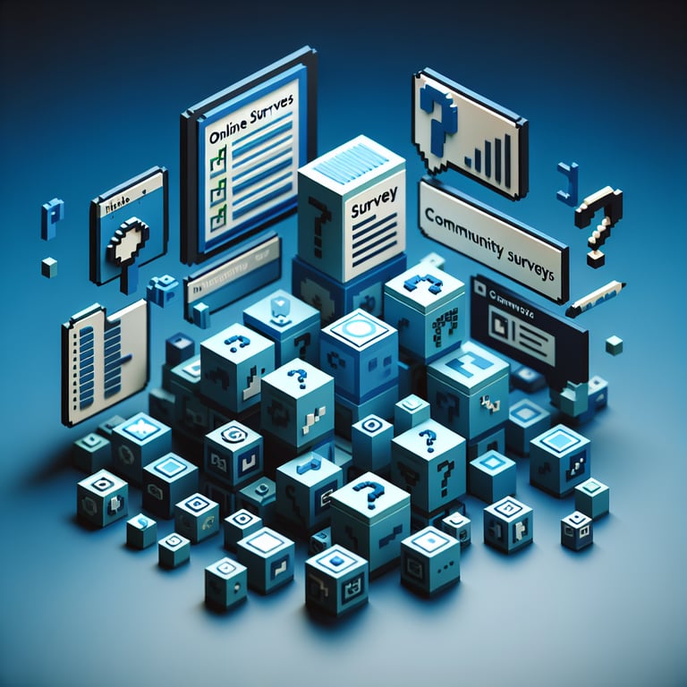 3D voxel art depicting online surveys, symbolizing community survey questions on a dark blue background.