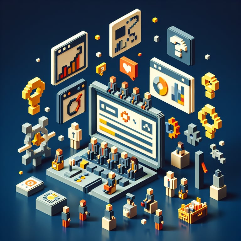 Creative 3D voxel illustration of an online satisfaction survey platform