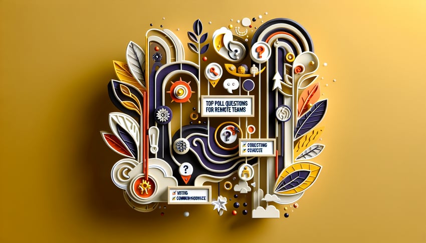 Paper-cut illustration featuring engaging poll questions for remote teams working from home in a hybrid environment.