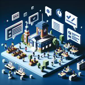 3D voxel art depicting online survey concept, with a dark blue background, related to classroom environment.