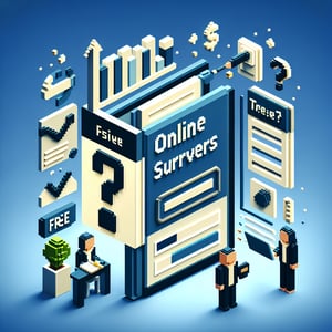 3D voxel art depicting online surveys, with a dark blue background, symbolizing free customer survey questions.