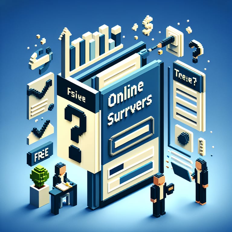3D voxel art depicting online surveys, with a dark blue background, symbolizing free customer survey questions.