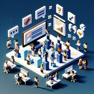 3D voxel art depicting the concept of online surveys and questions on a dark blue background.