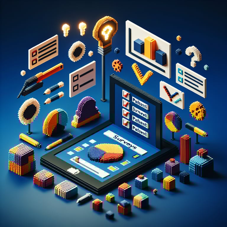 3D voxel art depicting the concept of online patent surveys on a dark blue background.