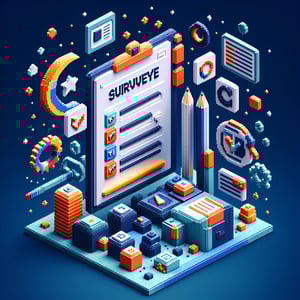 3D voxel art depicting online surveys, appealing to college students, set against a dark blue background.