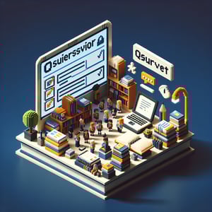 3D voxel art depicting online school attitude surveys, set against a dark blue background.