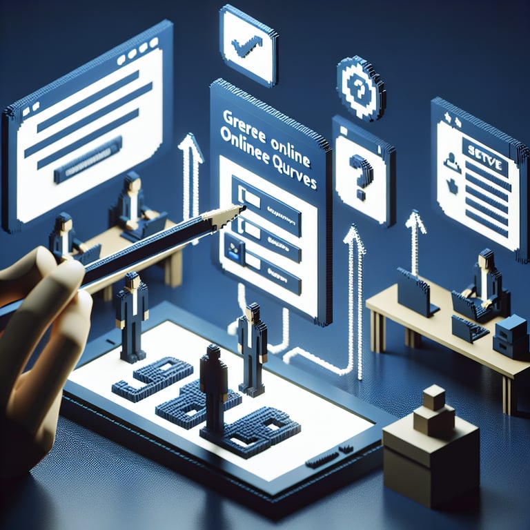 3D voxel art illustrating online employee training needs surveys on a dark blue background.
