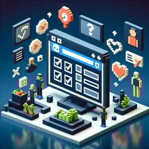 3D voxel art depicting online health and wellness survey concept on a dark blue background.