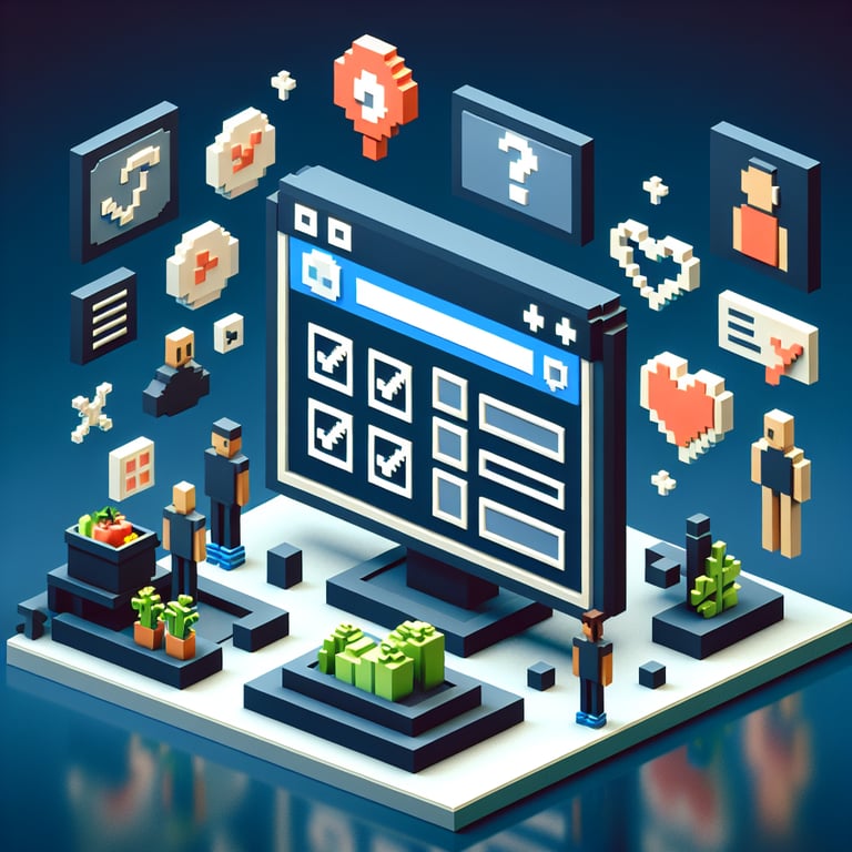 3D voxel art depicting online health and wellness survey concept on a dark blue background.