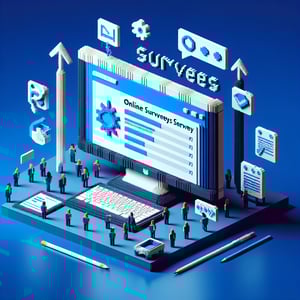 3D voxel art depicting online survey process with dark blue background, representing Maslach Burnout Inventory.