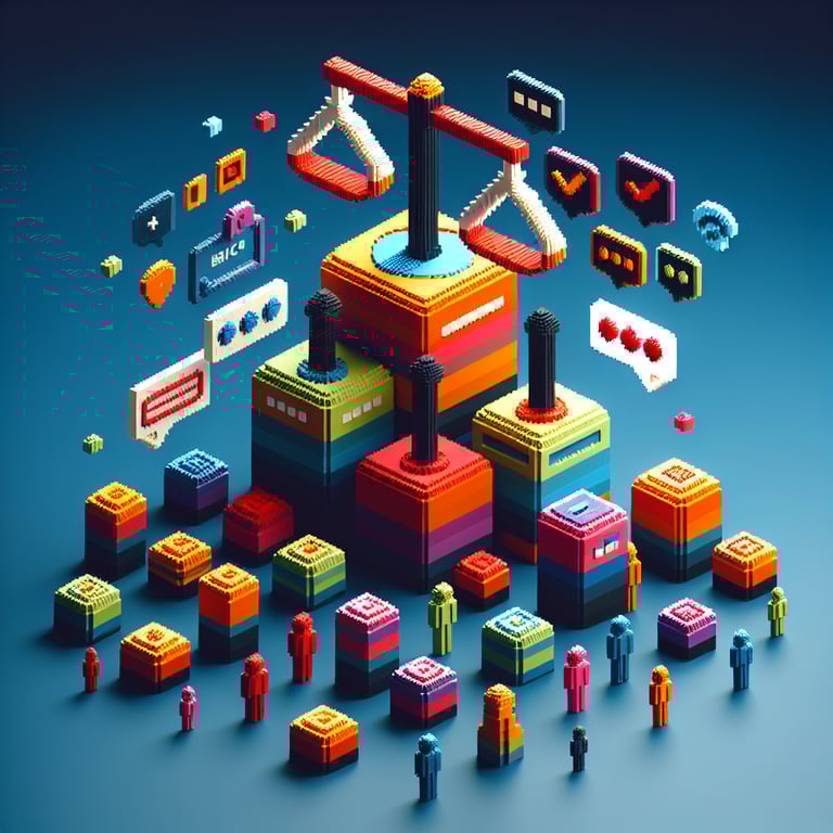 3D voxel art depicting the concept of online customer feedback surveys on a dark blue background.