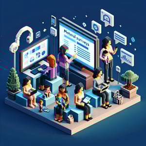 3D voxel art depicting the concept of online mom surveys on a dark blue background.