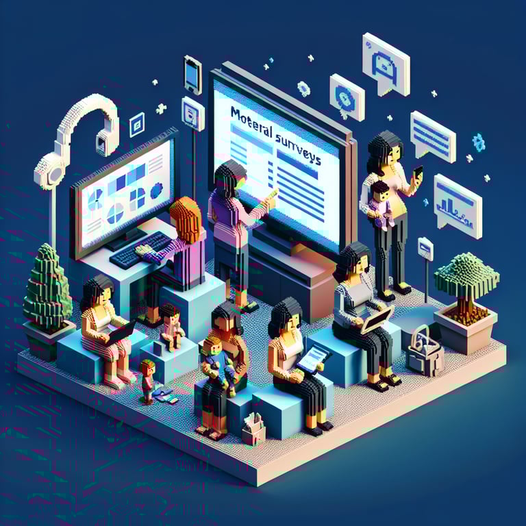 3D voxel art depicting the concept of online mom surveys on a dark blue background.