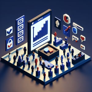 3D voxel art illustrating the concept of digitalization surveys on a dark blue background.