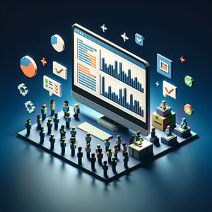 3D voxel art depicting the concept of online stakeholder analysis surveys on a dark blue background.