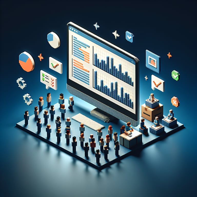 3D voxel art depicting the concept of online stakeholder analysis surveys on a dark blue background.