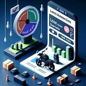 3D voxel art depicting online survey concept on dark blue background, related to motorcycle loss aversion.