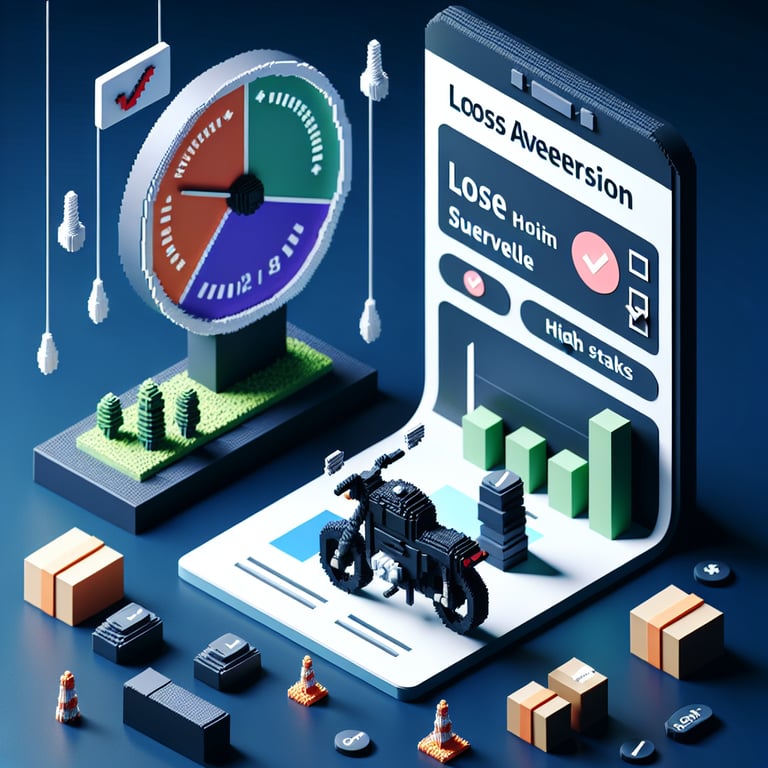 Artistic 3D voxel art of a motorcycle rider weighing survey-driven loss aversion scenarios