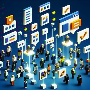 3D voxel art depicting online job satisfaction survey concept on a dark blue background.