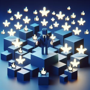 3D voxel art depicting online surveys, questions, and website satisfaction on a dark blue background.