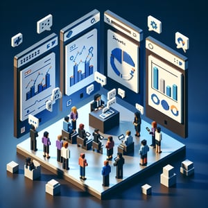 3D voxel art depicting online surveys, symbolizing stakeholder strategic planning survey questions.