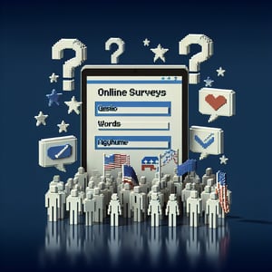 3D voxel art depicting the concept of online political ideology surveys on a dark blue background.