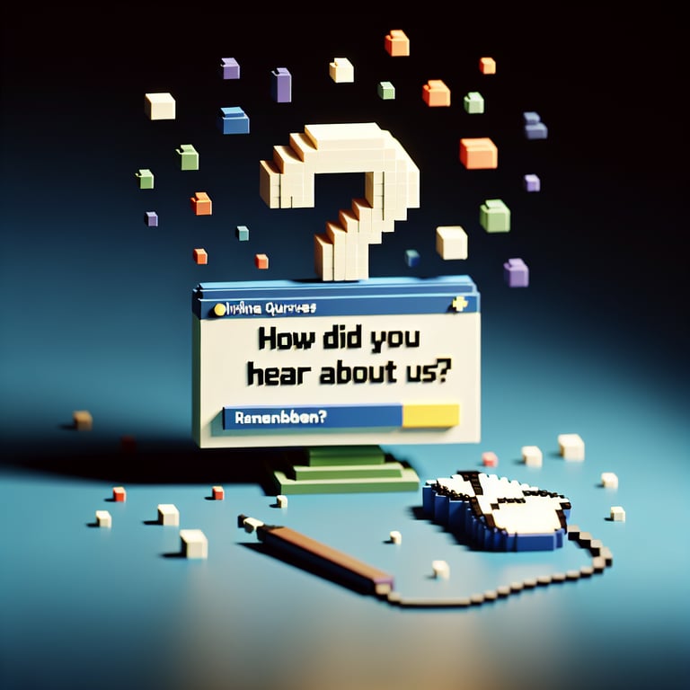 3D voxel art depicting online surveys on a dark blue background, symbolizing 'how did you hear about us' surveys.