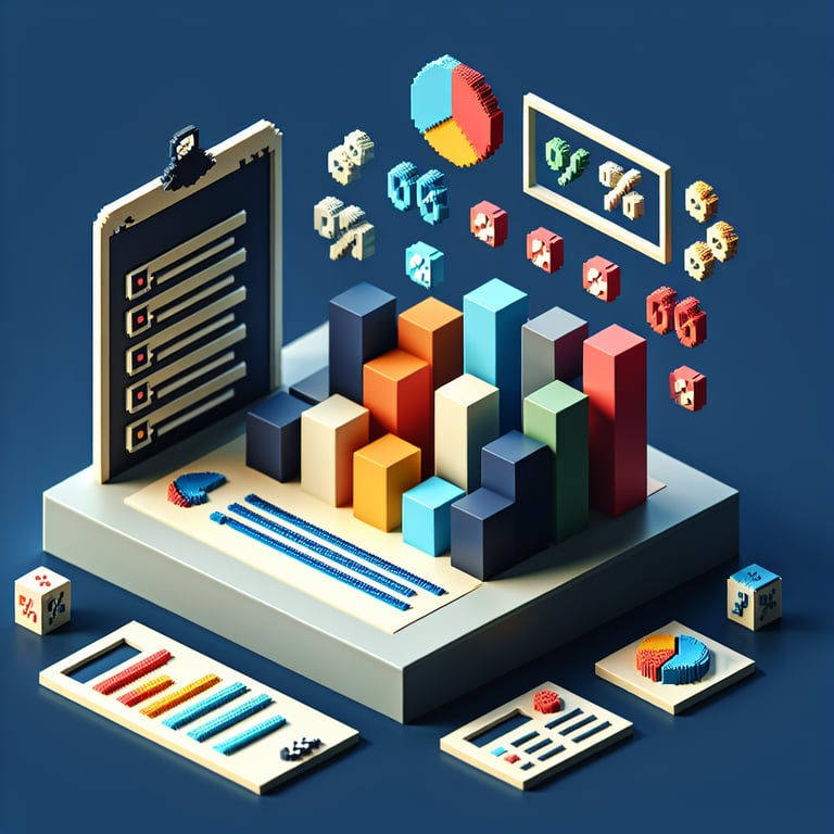 3D voxel art depicting online surveys, set against a dark blue background, for software application survey.
