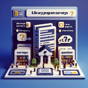 3D voxel art depicting online library program surveys against a dark blue background.