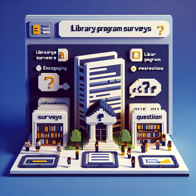 3D voxel art depicting online library program surveys against a dark blue background.