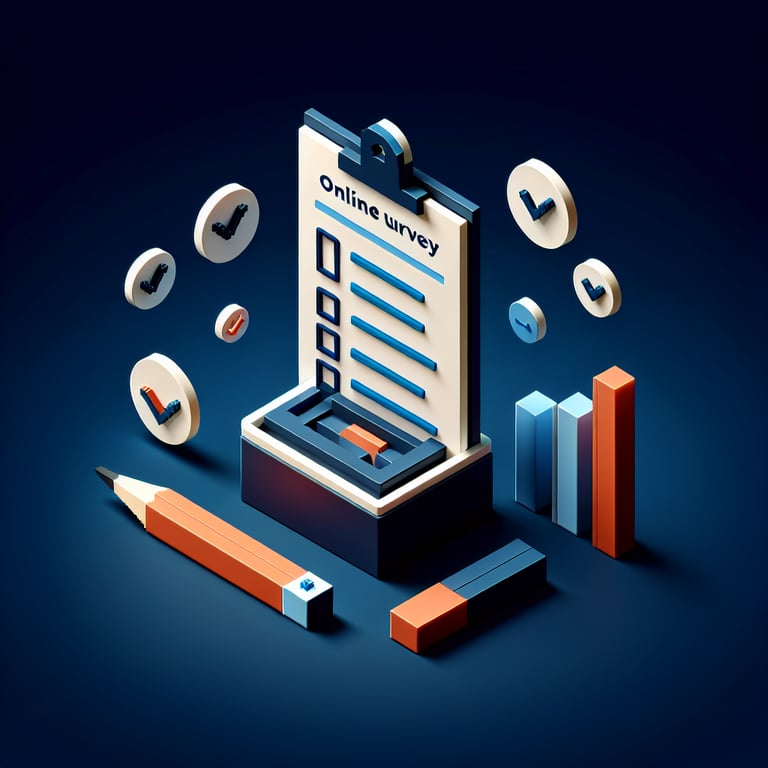 3D voxel art depicting online surveys, set against a dark blue background.