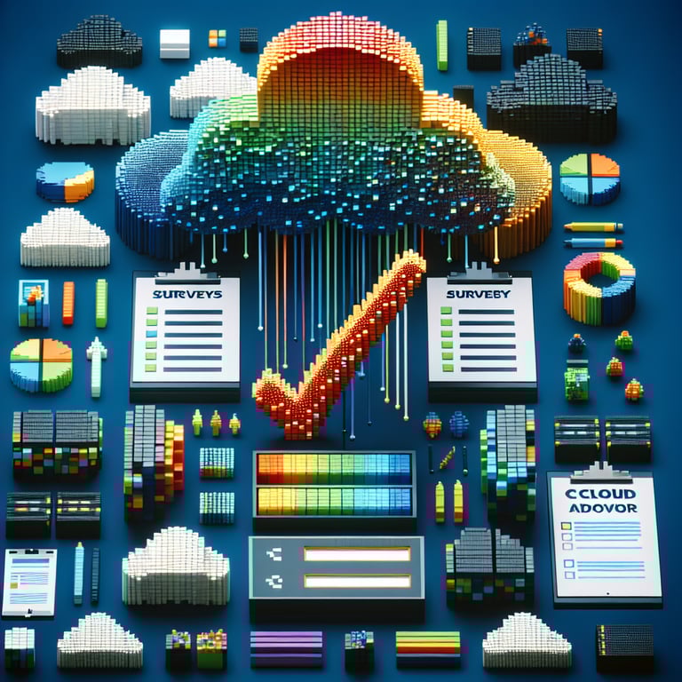 3D voxel art depicting online surveys, symbolizing cloud adoption survey questions on a dark blue background.
