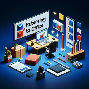 3D voxel art depicting the concept of online return to office surveys on a dark blue background.