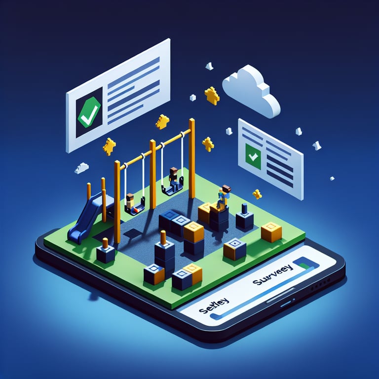 3D voxel art depicting the concept of online playground surveys on a dark blue background.
