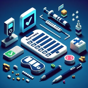 3D voxel art depicting online diabetes survey concept on a dark blue background.