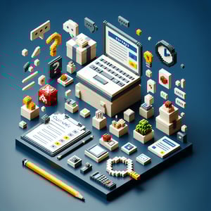 3D voxel art depicting the concept of online event survey questions on a dark blue background.