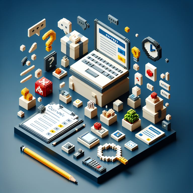 Artistic 3D voxel art symbolizing an attendee feedback questionnaire in deep blue