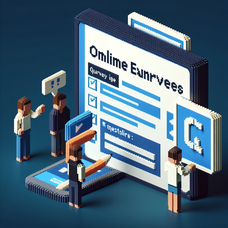 3D voxel art depicting online income survey process on a dark blue background.