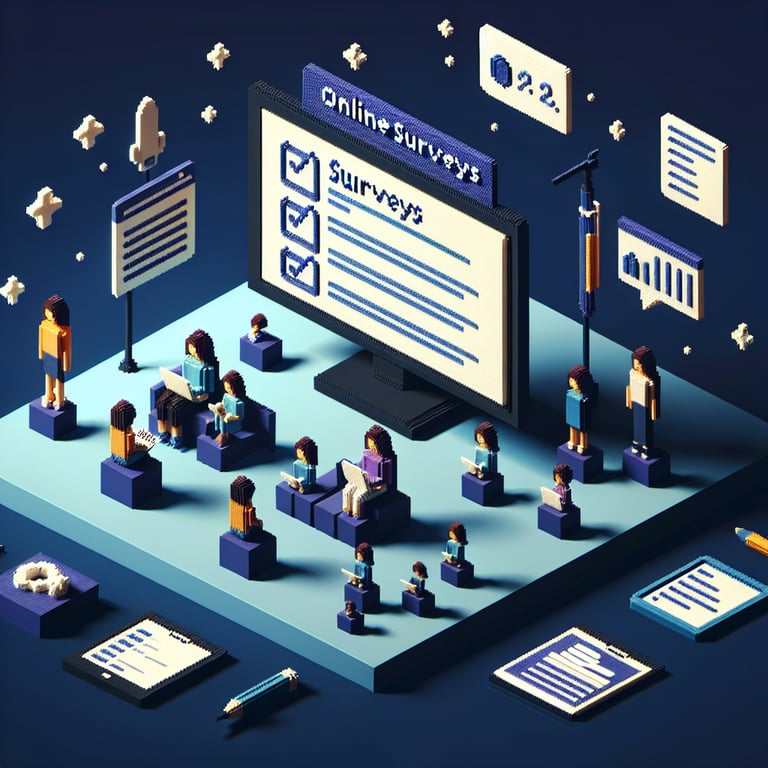 3D voxel art depicting online surveys, symbolizing mom surveys, on a dark blue background.
